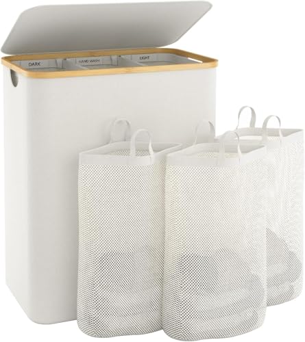 Hampers for Laundry Basket with Lid, 145L Large Laundry Hamper 3 Section | Dirty Clothes Hamper Separator with 3 Removable Bags & 5 Labels, Divided Laundry Organizer for Bedroom, Laundry Room, Beige - color: Beige, size: 145L