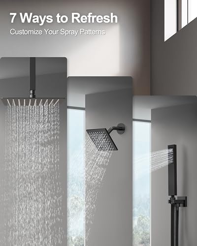 Shower Faucet Set with Handheld Spray, Matte Black | 12" Ceiling Mount SUS304 Rainfall Shower Head System, 6" Side Head, 3-Function Thermostatic Valve Trim Kit, All Metal - color: Matte Black