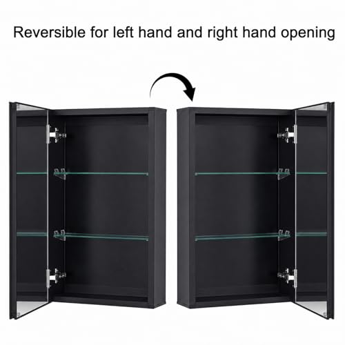 14 x 24 Black Aluminum Medicine Cabinet with Mirror, Recessed/Surface Mount | Bathroom Medicine Cabinet, 2 Adjustable Glass Shelves, Double-Sided Beveled Mirror Door, Soft-Close Hinge, Reversible Swing