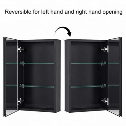 14 x 24 Black Aluminum Medicine Cabinet with Mirror, Recessed/Surface Mount | Bathroom Medicine Cabinet, 2 Adjustable Glass Shelves, Double-Sided Beveled Mirror Door, Soft-Close Hinge, Reversible Swing