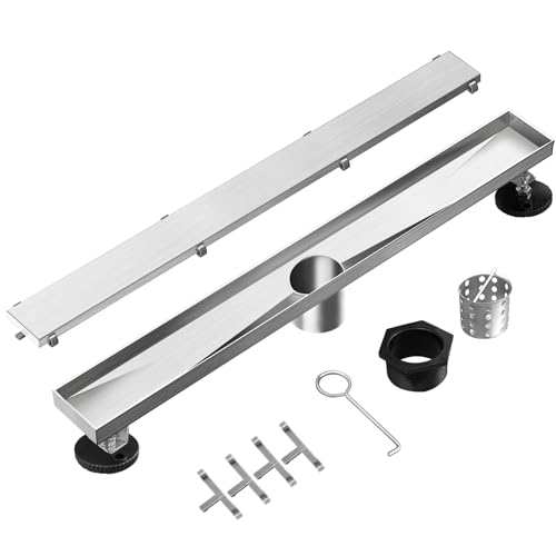 18"Linear Shower Drain Brushed Silver Drain with Tile Insert Grate | AISI 304 Stainless Steel Fast Drainage Rectangle Hidden Shower Trench,Detachable Hair Catcher Easy to install,Leveling Feet - color: Stainless Steel, size: 18 Inch (No Base)