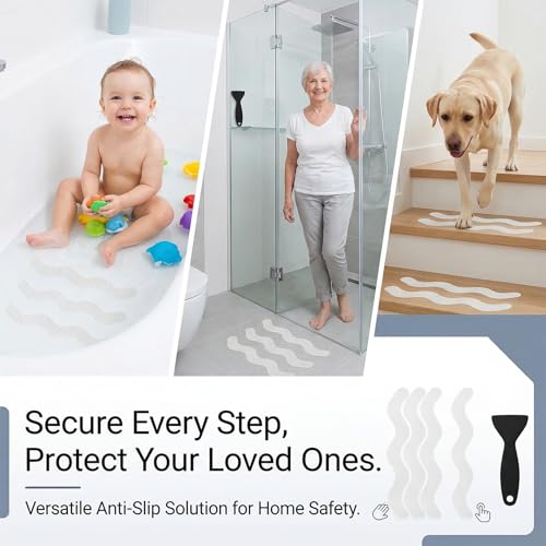 Anti Slip Shower Stickers, 120 Pieces Wavy Shower Floor Non Slip Stickers, Adhesive Decals Safety Strips with Scraper for Bath Tub, Shower Floor and Stairs (Clear) (120 Wavy) - size: 120 Wavy