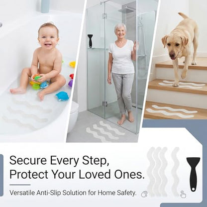 Anti Slip Shower Stickers, 120 Pieces Wavy Shower Floor Non Slip Stickers, Adhesive Decals Safety Strips with Scraper for Bath Tub, Shower Floor and Stairs (Clear) (120 Wavy) - size: 120 Wavy