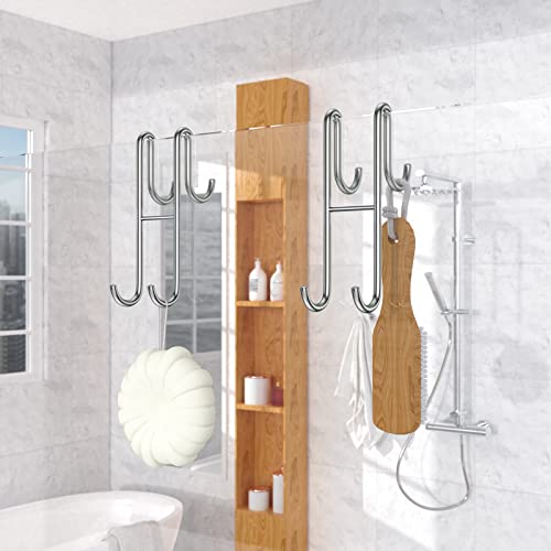 Over Shower Glass Door Hook, 2 Pack Silver 304 Stainless Steel Extended Shower Door Hooks, Bathroom Frameless Drilling-Free Hanger, Double Side Towel Hooks, for Bathing Suits, Robe, Loofah, Shaver - color: Silver