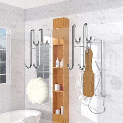 Over Shower Glass Door Hook, 2 Pack Silver 304 Stainless Steel Extended Shower Door Hooks, Bathroom Frameless Drilling-Free Hanger, Double Side Towel Hooks, for Bathing Suits, Robe, Loofah, Shaver - color: Silver