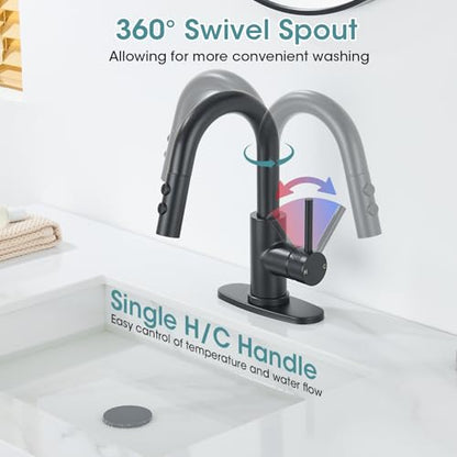 Black Bathroom Faucet with Pull Down Sprayer, 2 Flow Modes | Modern Stainless Steel Bathroom Sink Faucet with Pop-up Drain and Hoses, RV & Outdoor Basins, for 1 or 3 Hole - color: Matte Black