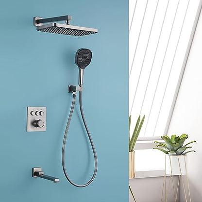 Thermostatic Shower Set, 30x20cm Square Shower System Concealed, Wall-mounted Shower Faucet Set, 3 Mode Hand Shower, with 180° Foldable Bathtub Mixer, Brass Body, Anti-rust, Durable (Gun Gray)