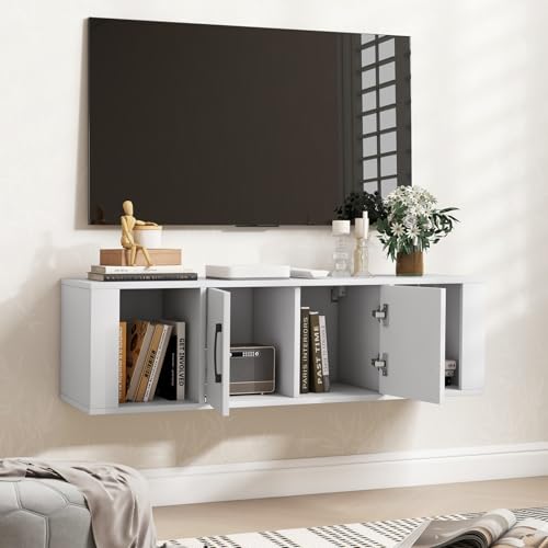 GIANTEX Wall Mounted Storage Cabinet 2 Cube Floating Media Hanging Desk W/2 Doors and 2 Open Shelves, Home Office Furniture for Kitchen, Bathroom, Living Room Floating Console Hutch (White) - color: White