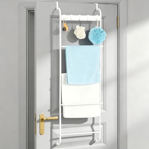 Over The Door Towel Rack with 5 Hooks 4 Towel Bars Over Door Towel Bar for Bathroom Metal Towel Hanger with Hooks Behind Door Towel Holder, No Drilling Required, White - color: White