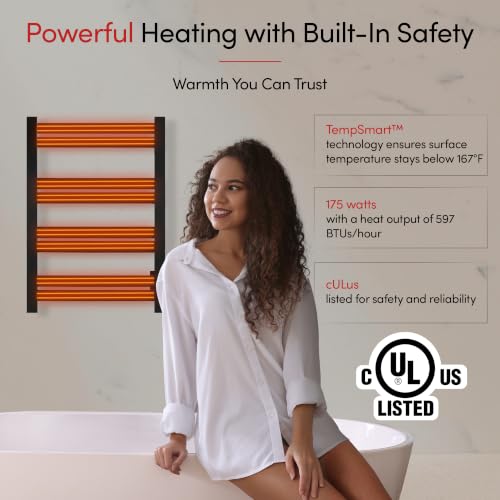 WarmlyYours Maple Heated Towel Rack, 8 Bars, Matte Black, Hardwired | Wall-mounted electric towel warmer with 8 heated bars and integrated on/off switch, hardwired bathroom heater - color: Matte Black (8 Bars)