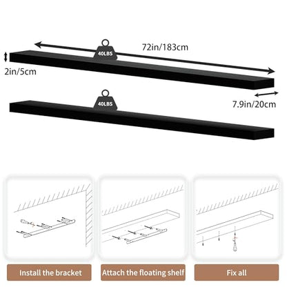 72 inch Long Floating Shelves for Wall,Solid Wood Long Wall Shelves Set of 2,Black Wooden Mounted Shelf,Bookshelf Bathroom Shelves (Black, 72 Inch) - color: Black, size: 72 Inch set of 2