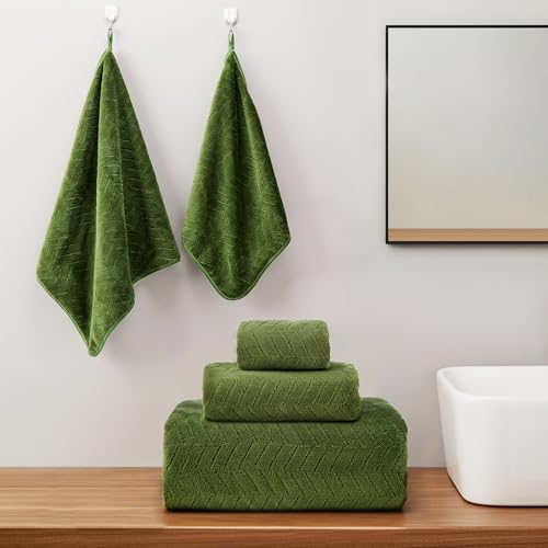 SmoothNovelty Set of 6 Extra Large Bath Towel 40 x 80 Inches Oversized Bath Sheet with 2 Shower Towels 2 Hand Towels 2 Washcloths for Adults Bathroom Spa Gym Quick Dry(Chevron Design,Olive Green) - color: Olive Green