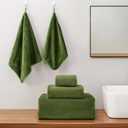 SmoothNovelty Set of 6 Extra Large Bath Towel 40 x 80 Inches Oversized Bath Sheet with 2 Shower Towels 2 Hand Towels 2 Washcloths for Adults Bathroom Spa Gym Quick Dry(Chevron Design,Olive Green) - color: Olive Green