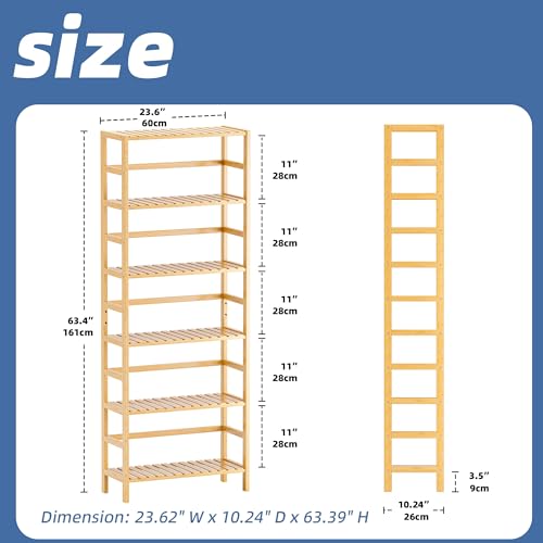 HITNET Bamboo Shelf, 6-Tier Adjustable Tall Open Bookcase, Bathroom Storage Rack Freestanding Shelving Unit, Plant Display Stand for Small Space, Natural - color: Natural