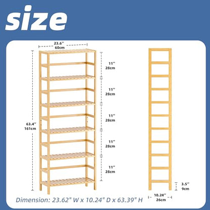 HITNET Bamboo Shelf, 6-Tier Adjustable Tall Open Bookcase, Bathroom Storage Rack Freestanding Shelving Unit, Plant Display Stand for Small Space, Natural - color: Natural