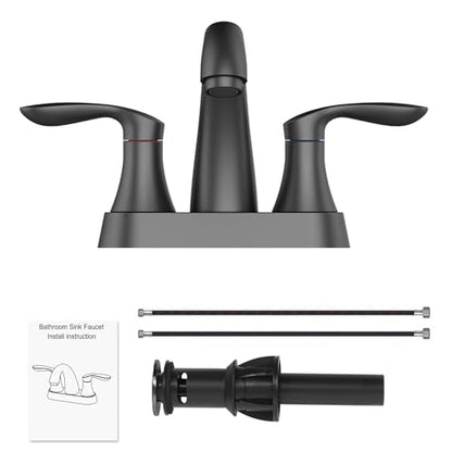 Bathroom Faucet, 4 Inch Bathroom Faucets for Sink 3 Hole, Centerset Bathroom Sink Faucet with Pop Up Drain and cUPC Lead-Free Hose(Matte Black) - color: Black, size: 4 inch 1 pack