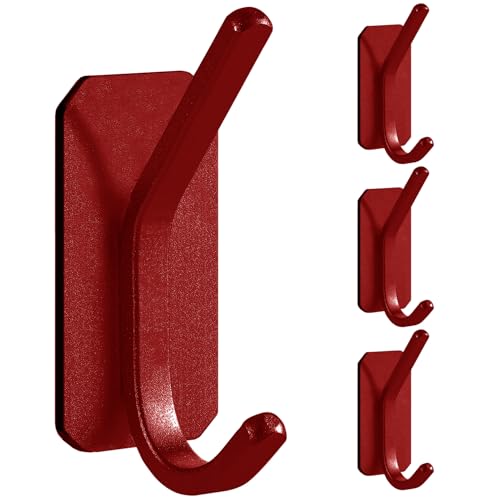Paoli Heavy Duty Adhesive Wall Hooks, 30 lb Max Load Waterproof Hooks for Bathroom Towels Coats Bags, No Drill Damage-Free for Renters Apartment Dorm, Matte Red, 4 Pack - color: Red