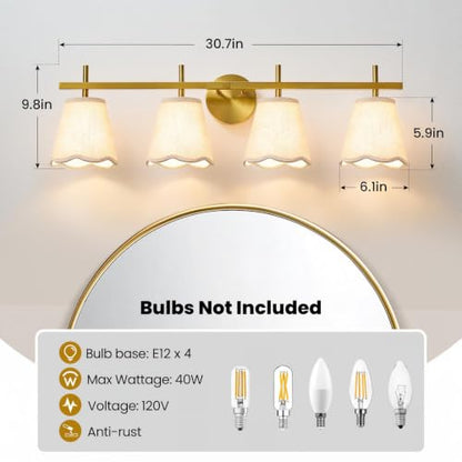 Modern Bathroom Vanity Light, 4-Light Brushed Gold Bathroom Light Fixtures with Scalloped Linen Fabric Shade, Vanity Lighting Fixtures Over Mirror (Exclude Bulb) - color: Gold, size: 4 Light