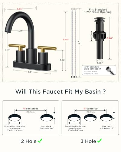 FORIOUS 4 in Black and Gold Bathroom Faucet Centerset, Restroom Sink Faucet | 4" Gold and Black Bathroom Sink Faucet Centerset, 2 Handle Swivel Faucet for Bathroom Sink with Pop up Drain and Supply Lines - color: Gold&Black, style: Classic
