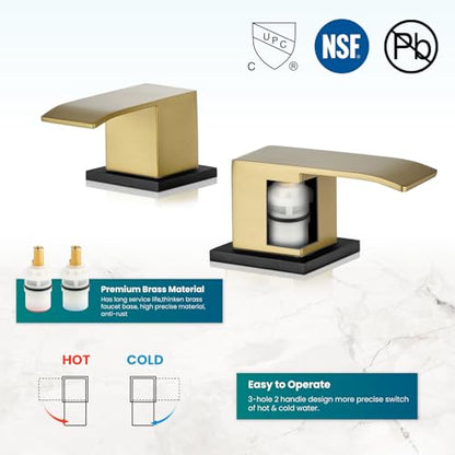 gotonovo Waterfall Bathroom Faucet 3 Hole Square Body,Brushed Gold&Black | SUS304 8’’ Widespread Bathroom Sink Faucet,2.17’’ Wide Spout,24’’ cUPC Hose,Pop Up Drain,2 Handle,Vanity,Lavatory,Basin,RV - color: Gold&Black