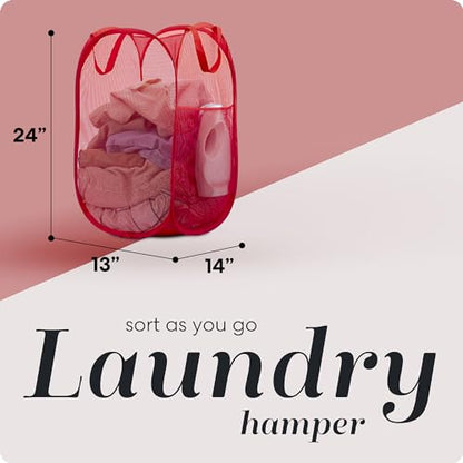 Handy Laundry Collapsible Mesh Pop Up Laundry Hamper with Side Pocket – Breathable, Space-Saving, Durable Basket for Clothes, Toys, Travel & Storage, 14 x 13 x 24 in, Red - color: Red