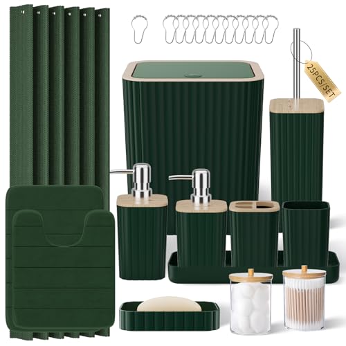 XLHOMO Bathroom Accessories Set - 25PC Green Bathroom Set, Bathroom Set with Shower Curtain and Rugs, Green Shower Curtain Set, Toilet Brush, Bathroom Trash Can - size: Bath Set+Shower Curtain+Rugs, style: Dark Green