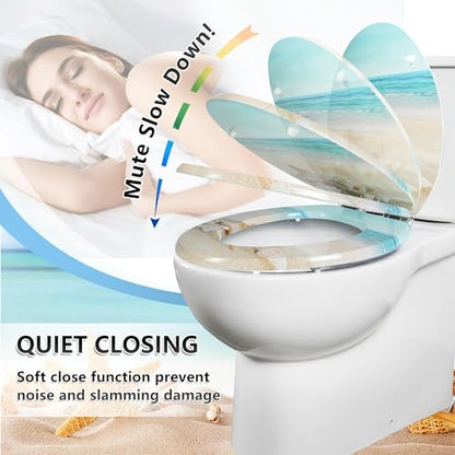 Angol Shiold Toilet Seat ELONGATED Molded Wood 18.5Inch(Beach) | Quiet Close Quick Release Metal Hinges, Adjustable Fit for Standard Elongated Toilets, Easy to Install&Clean - color: Beach, size: Elongated-18.5”