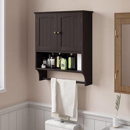 Smuxee Brown Wall Cabinet with Towel Bar - Medicine Cabinet with Adjustable Shelves, Over Toilet Cabinet for Laundry Room Kitchen - color: Brown Big With Towels Bar