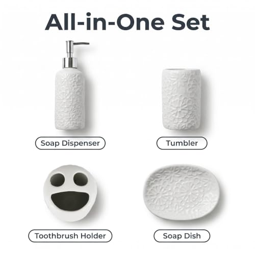 4 Piece White Ceramic Bathroom Accessories Set, 3D Embossed Floral Bath Decor Set with Soap Dispenser, Toothbrush Holder, Tumbler and Soap Dish, Elegant Countertop Organizer for Bathroom