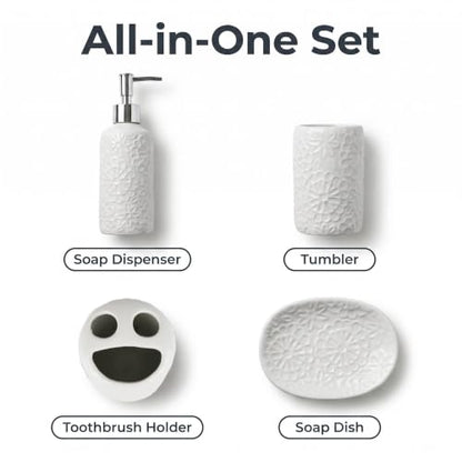 4 Piece White Ceramic Bathroom Accessories Set, 3D Embossed Floral Bath Decor Set with Soap Dispenser, Toothbrush Holder, Tumbler and Soap Dish, Elegant Countertop Organizer for Bathroom