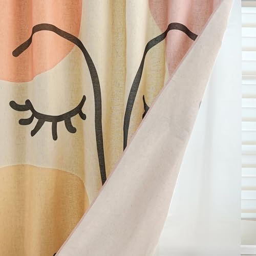 Gentle Smiling Face Linen Shower Curtain Set with Liner,72" Wx72 L | Double Layer Shower Curtain Waterproof Fabric with Zippered Removable PEVA Liner,Boho Shower Curtain for Bathroom,Free Hooks - color: Abstract Face