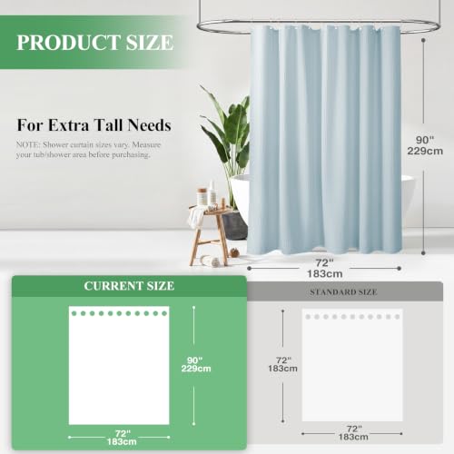 Extra Long Waffle Shower Curtain 256 GSM Fabric 72x90 Fog Blue | 90 Inch Tall, Thick Cloth, Weighted Hem, Water Repellent, Hotel Luxury Polyester Shower Curtain Set for Bathroom 12 Hooks - color: Fog Blue, size: 72"W x 90"L (Pack of 1)