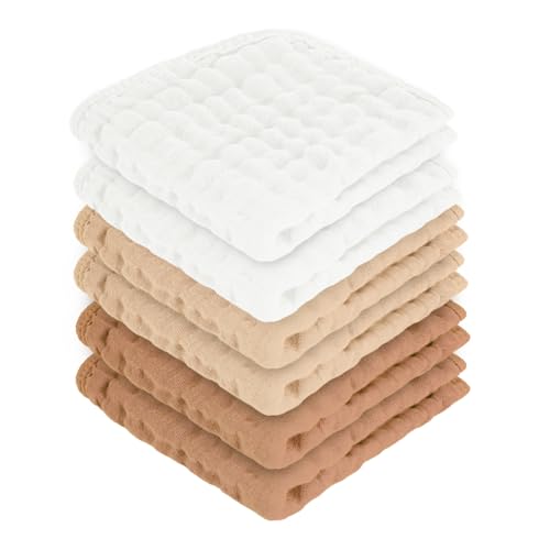 MIGIOL Baby Washcloths 100% Cotton Size is 12x12 inches. Lightweight, Portable, and Ideal for use at Home or on The go.(White & Coffee 6 Pieces) - color: White & Coffee 6 Pieces