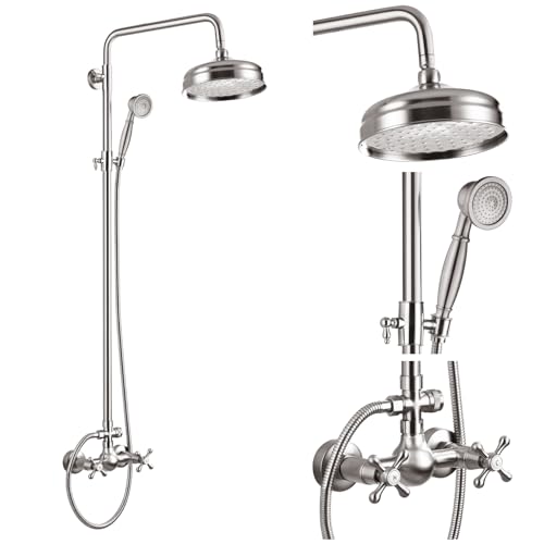 gotonovo Exposed Shower System Wall Mount,Brushed Nickel,Metal Handheld | 8” Rain Shower Head Faucet Set Fixtures,2 Function,Two Cross Handle,Height Adjustable,for 5-6.7" Hole,Indoor Victorian Retro - color: Nickel