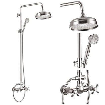gotonovo Exposed Shower System Wall Mount,Brushed Nickel,Metal Handheld | 8” Rain Shower Head Faucet Set Fixtures,2 Function,Two Cross Handle,Height Adjustable,for 5-6.7" Hole,Indoor Victorian Retro - color: Nickel