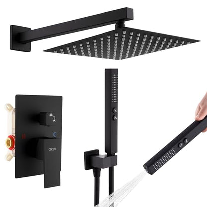 Rain Shower System, 10''Square Rain Head,2-Spray Handheld,Matte Black | 2 Spray Functions,Anti-Tangle Explosion-proof PVD Hose,Balance Temp Valve,Rust-proof & Scratch-resistant - color: Matte Black, size: 10 Inch