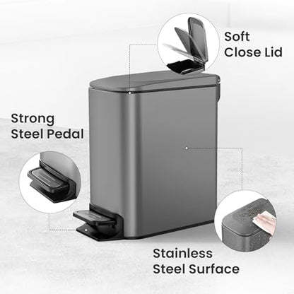 Cesun Small Bathroom Trash Can with Lid, 1.6 Gal, Soft Close, Gray | Step pedal soft close, Slim 5.9in fits narrow spaces, Stainless steel, Anti-fingerprint, Removable inner bucket, Odor seal - color: Gray