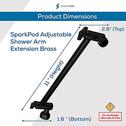SparkPod 11" Extension Arm, Adjustable Height & Angle, Black Matte | Adjustable Height & Angle, Sturdy Lock, Universal Connection, Transform your showers into rain shower experience - color: 3 - Midnight Black Matte, style: 11 Inch Adjustable
