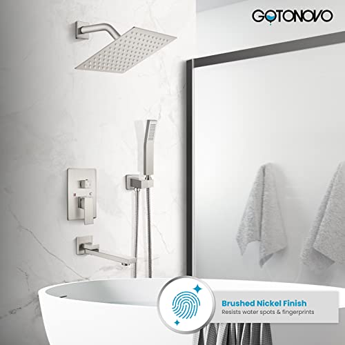 gotonovo Tub Shower Faucet Set with Valve Kit 8’’ Head,Brushed Nickel | Shower System with Tub Spout,SUS304 Rain Head with Handheld Sprayer,Swivel Spout,All Metal,Rough-In Valve Trim Kit,Wall Mount - color: Nickel, size: 8’’ Head