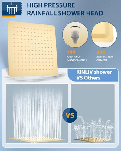 12 Inch Brushed Gold Rain Shower Head with Extension Arm, Rainfall Square Showerhead with 16 Inch Shower Arm All Stainless Steel, 144 Outlets Waterfall Full Body Coverage - color: Brushed Gold