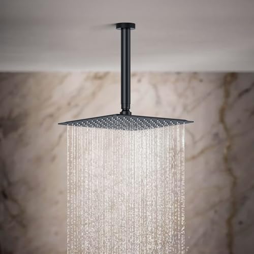 Rain Shower System 12IN Modern Brass Faucet Set With Valve and Diverter Shower Mixer With Handheld High Pressure Square Rainfall Shower Valve (12'' Ceiling Mount, Matte Black) - color: Matte Black, style: 12'' Ceiling Mount