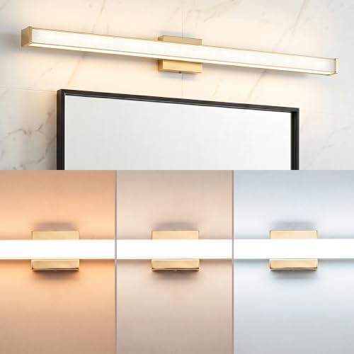 URSOLA 48" Modern LED Bathroom Light Fixtures, Golden 3CCT Dimmable Bathroom Vanity Light Over Mirror, Bathroom Vanity Bath Bar Lights with Double Layer Acrylic Shade - color: Golden, size: 48inch