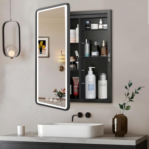 LED Medicine Cabinet with Mirror 20x26 inch, Lighted Cabinet Mirror for Bathroom Storage, Anti-Fog, 3 Colors Dimmable, Black Metal Frame with Adjustable Shelves, Wall Mount or Recessed - color: Black - Rc, size: 20X26