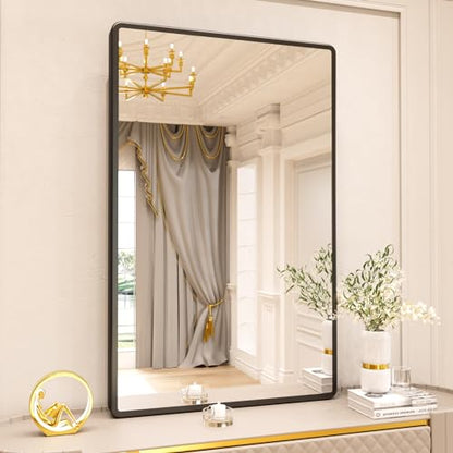 pertetey 28 x 36 in Rounded Rectangle Bathroom Mirror, Black Metal Frame | Black Metal Frame, Rounded Rectangle Design, Tempered Glass, Wall Mounted - size: 28"L x 36"W