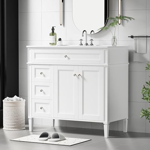 36" Bathroom Vanity with Sink, Solid Wood Frame Modern Bathroom Vanity, Bathroom Single Sink Cabinet with Charging Station, White - color: White, size: 36 inch