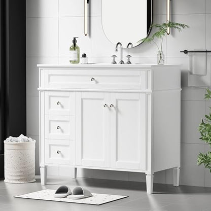 36" Bathroom Vanity with Sink, Solid Wood Frame Modern Bathroom Vanity, Bathroom Single Sink Cabinet with Charging Station, White - color: White, size: 36 inch