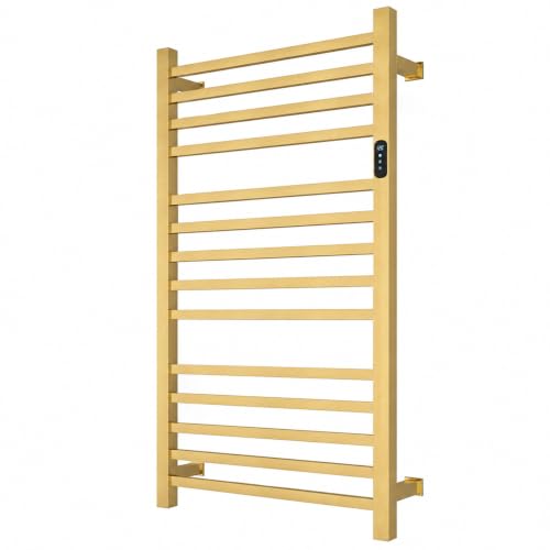 Luxury Gold Towel Warmer Rack for Bathroom, Wall Mounted Electric Heated Towel Rack with Timer & Fahrenheit Temperature Control, 14 Bar Stainless Steel Towel Heater for Bathroom(Brushed Gold) - size: 14 bar