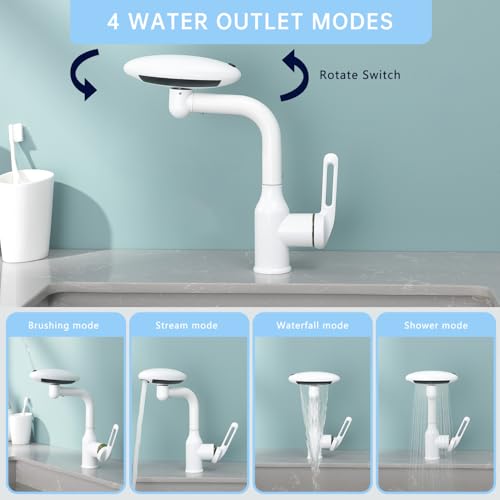 Bathroom Sink Faucet 1 Hole, White Multifunctional Basin Faucet with 4 Water Outlet Modes, Modern 360°Rotatable Bar Tap with Two Water Supply Pipes - color: White