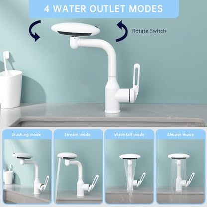 Bathroom Sink Faucet 1 Hole, White Multifunctional Basin Faucet with 4 Water Outlet Modes, Modern 360°Rotatable Bar Tap with Two Water Supply Pipes - color: White