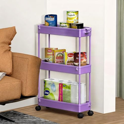 Slim Storage Cart 3 Tier,Bathroom Organizer Rolling Utility,Mobile Shelving Unit Slide Out for Office, Kitchen, Laundry Room & Narrow Places,Purple - color: Purple